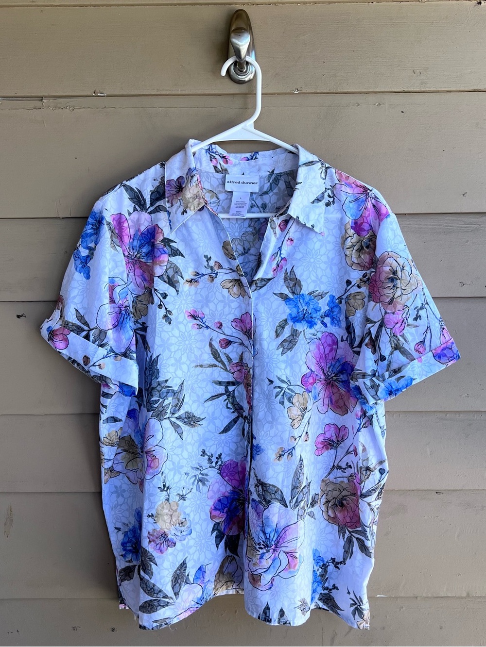 Alfred Dunner Floral Button Down Shirt Size L Summer Beach Casual